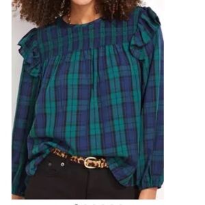 3X Vineyard Vines Blackwatch Ruffles Long Sleeve Popover Top